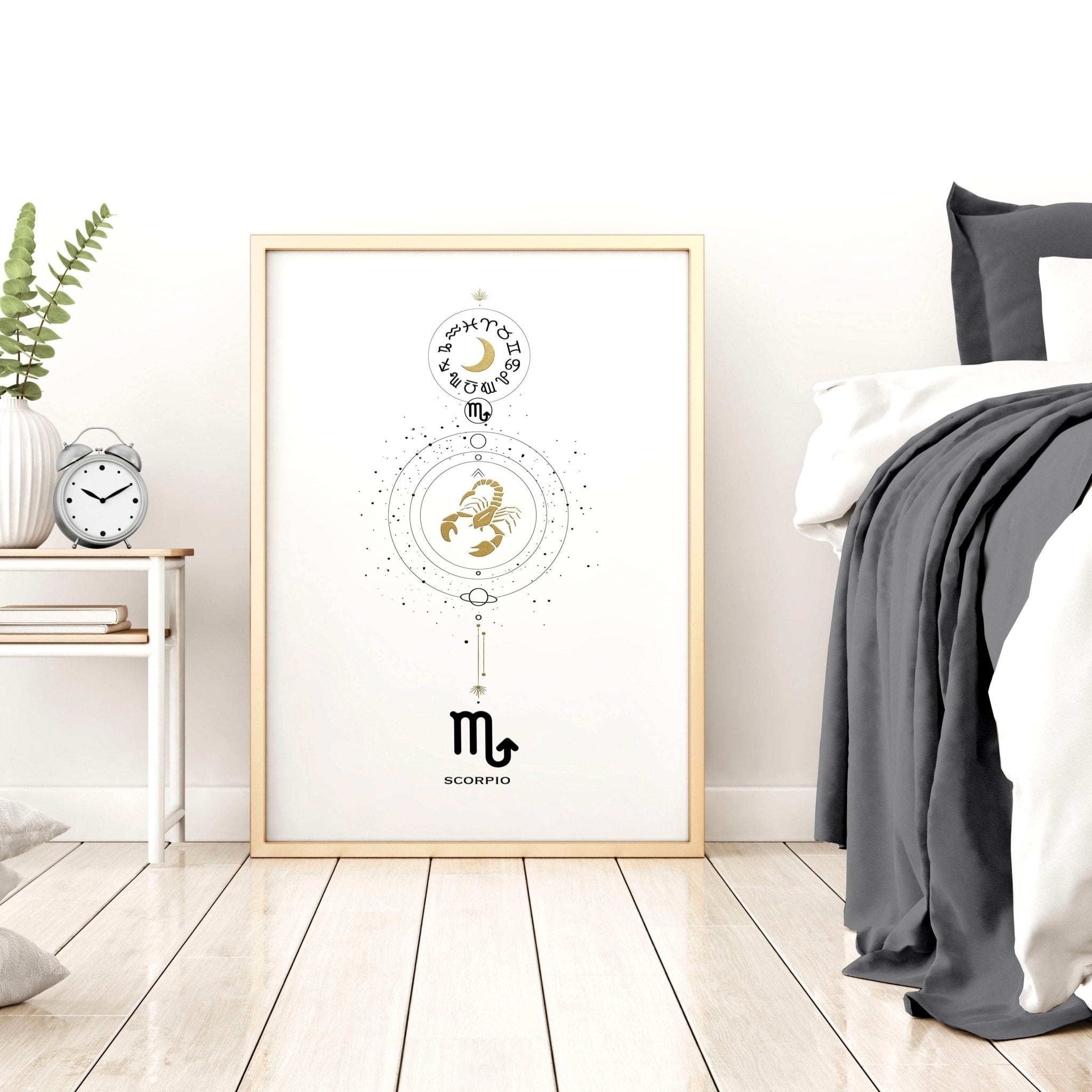 Scorpio Zodiac wall art print featuring the Scorpio symbol in black, white, and gold colors, elegantly designed for home decor.