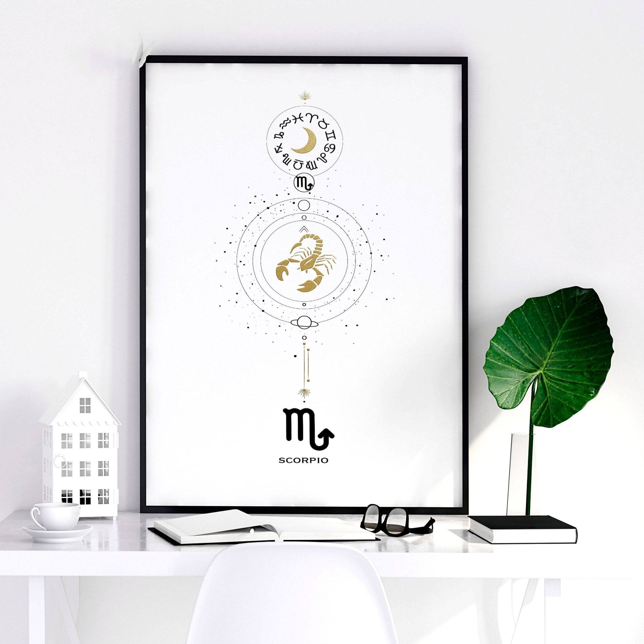 Scorpio Zodiac wall art print featuring the Scorpio symbol in black, white, and gold colors, elegantly designed for home decor.