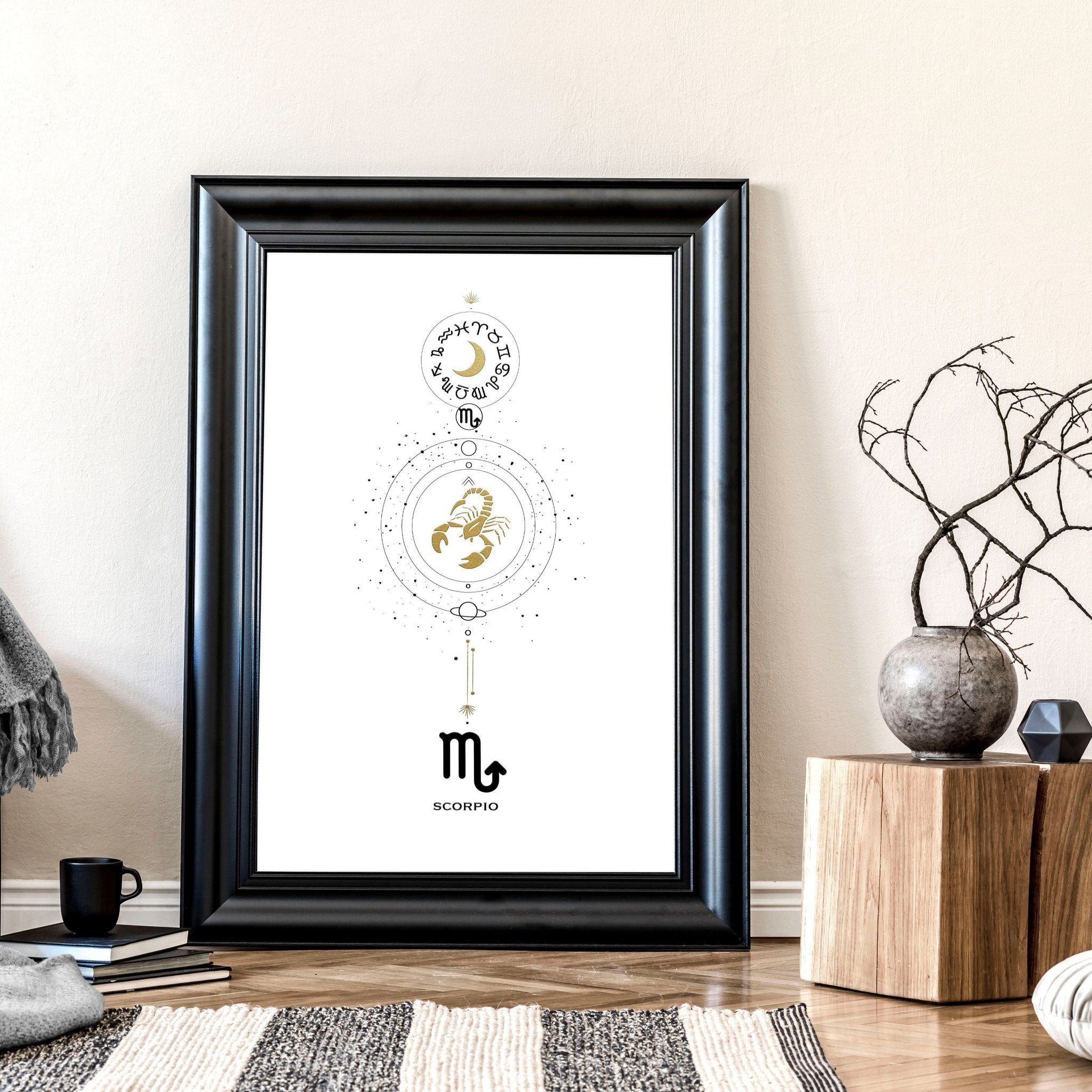 Scorpio Zodiac wall art print featuring the Scorpio symbol in black, white, and gold colors, elegantly designed for home decor.