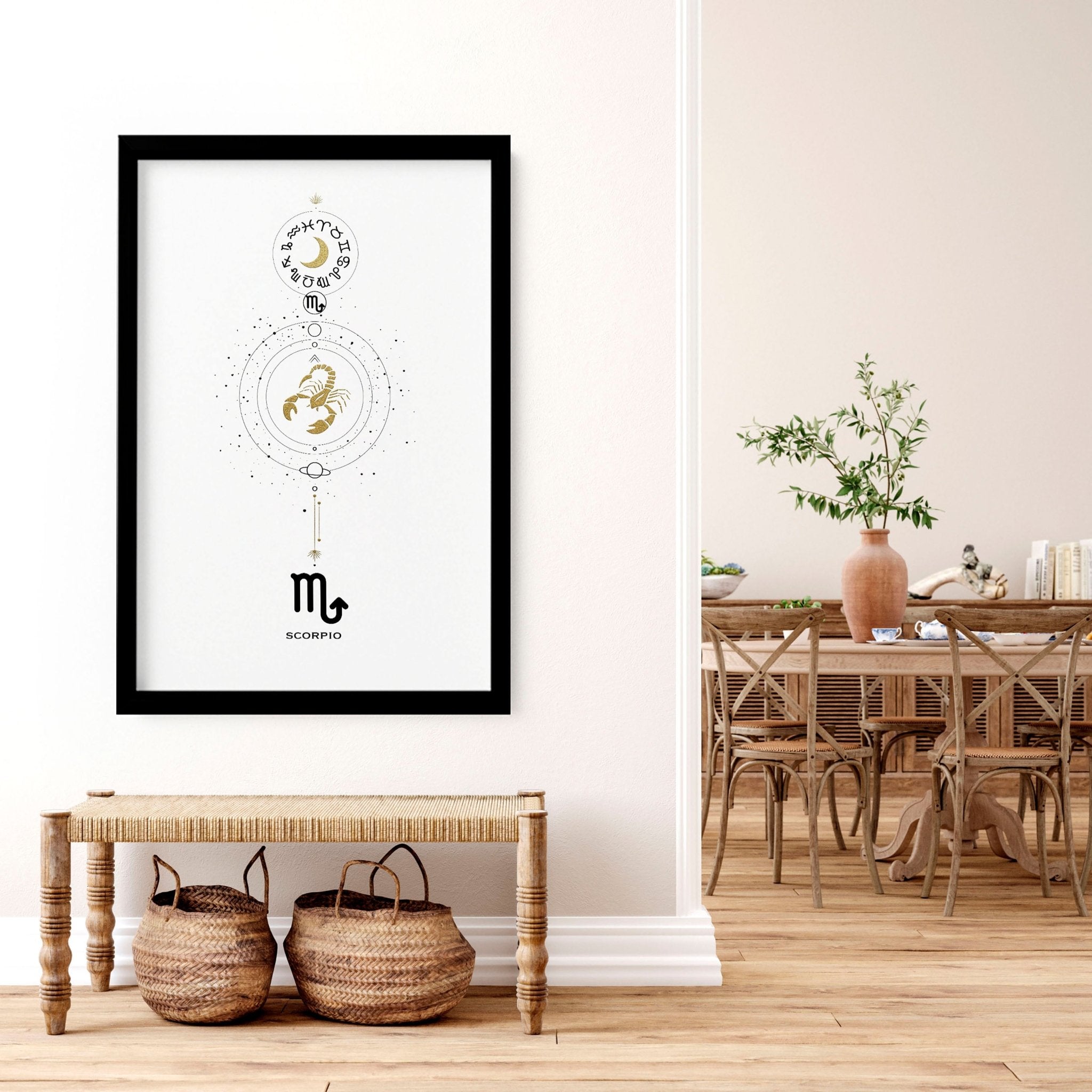 Scorpio Zodiac wall art print featuring the Scorpio symbol in black, white, and gold colors, elegantly designed for home decor.