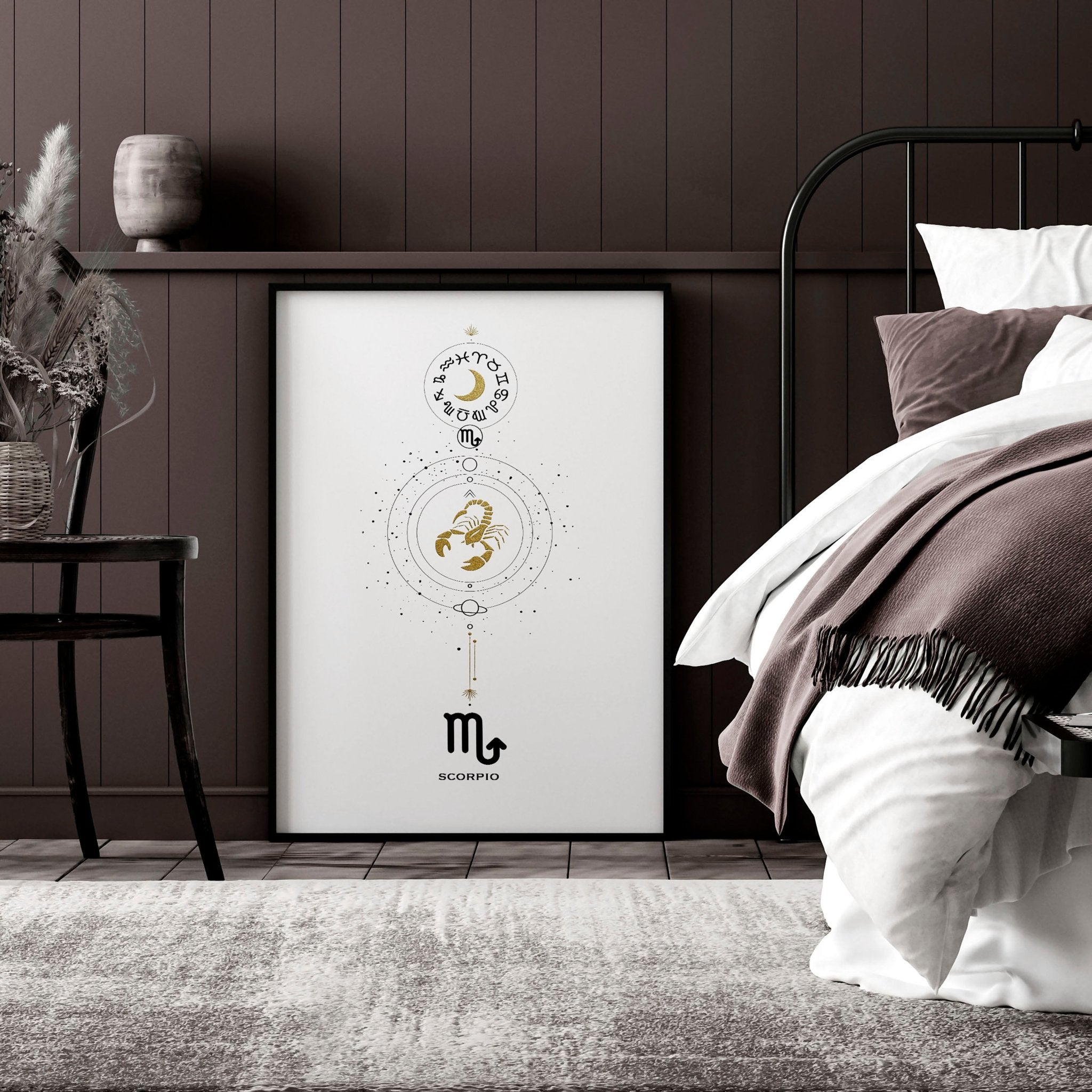 Scorpio Zodiac wall art print featuring the Scorpio symbol in black, white, and gold colors, elegantly designed for home decor.