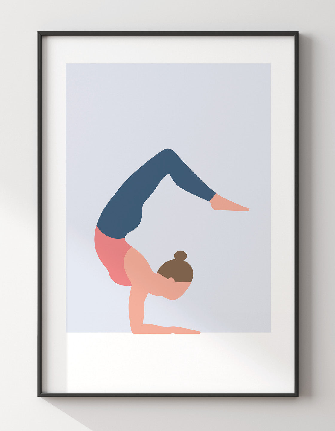 A minimalistic yoga print depicting the Scorpion pose in soft pastel colors, perfect for home decor.