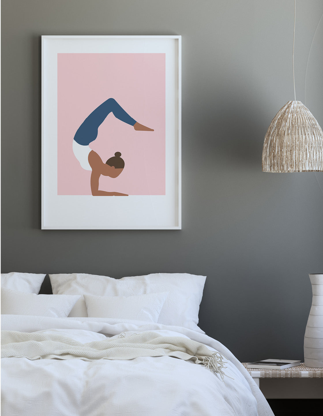 A minimalistic yoga print depicting the Scorpion pose in soft pastel colors, perfect for home decor.