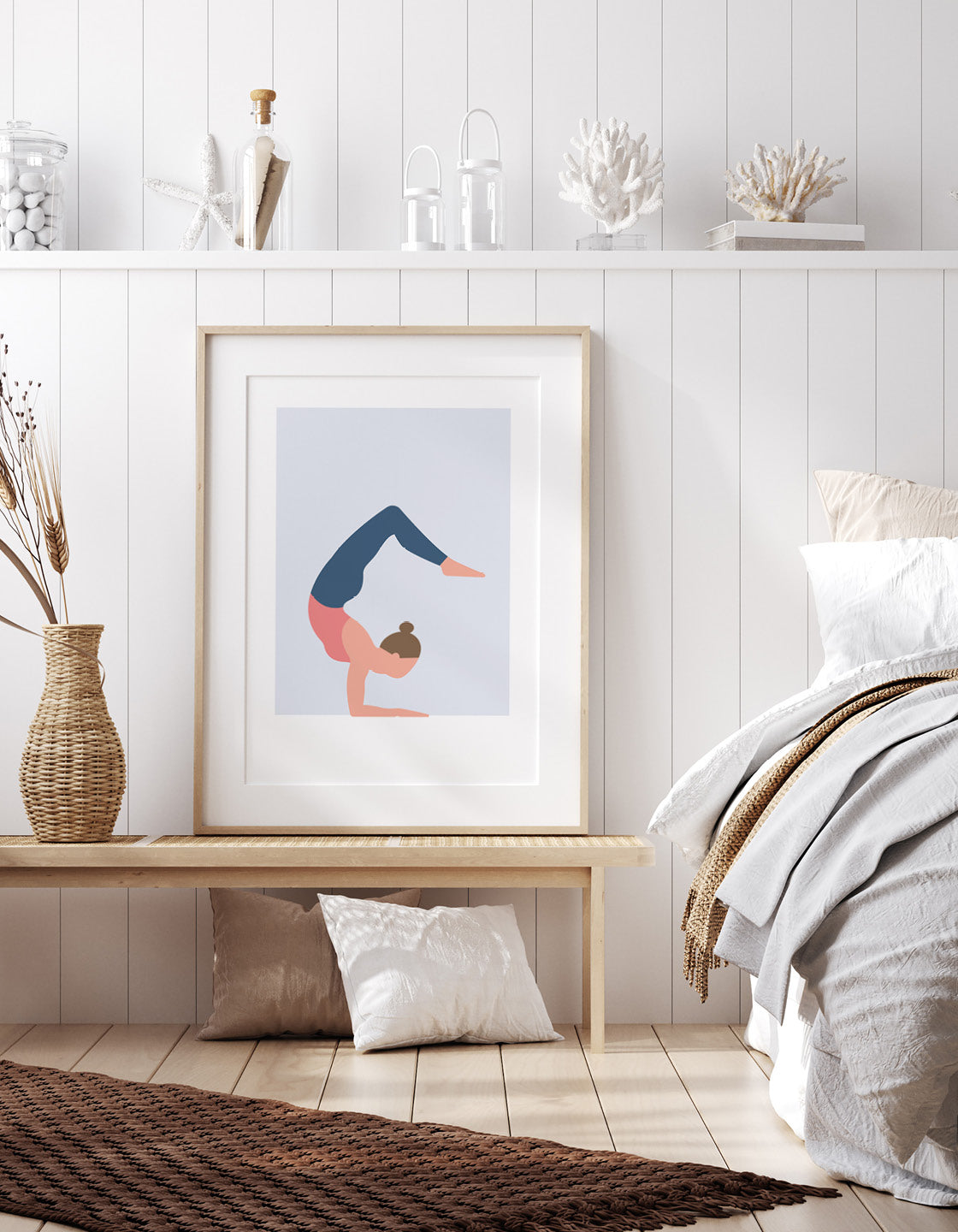 A minimalistic yoga print depicting the Scorpion pose in soft pastel colors, perfect for home decor.