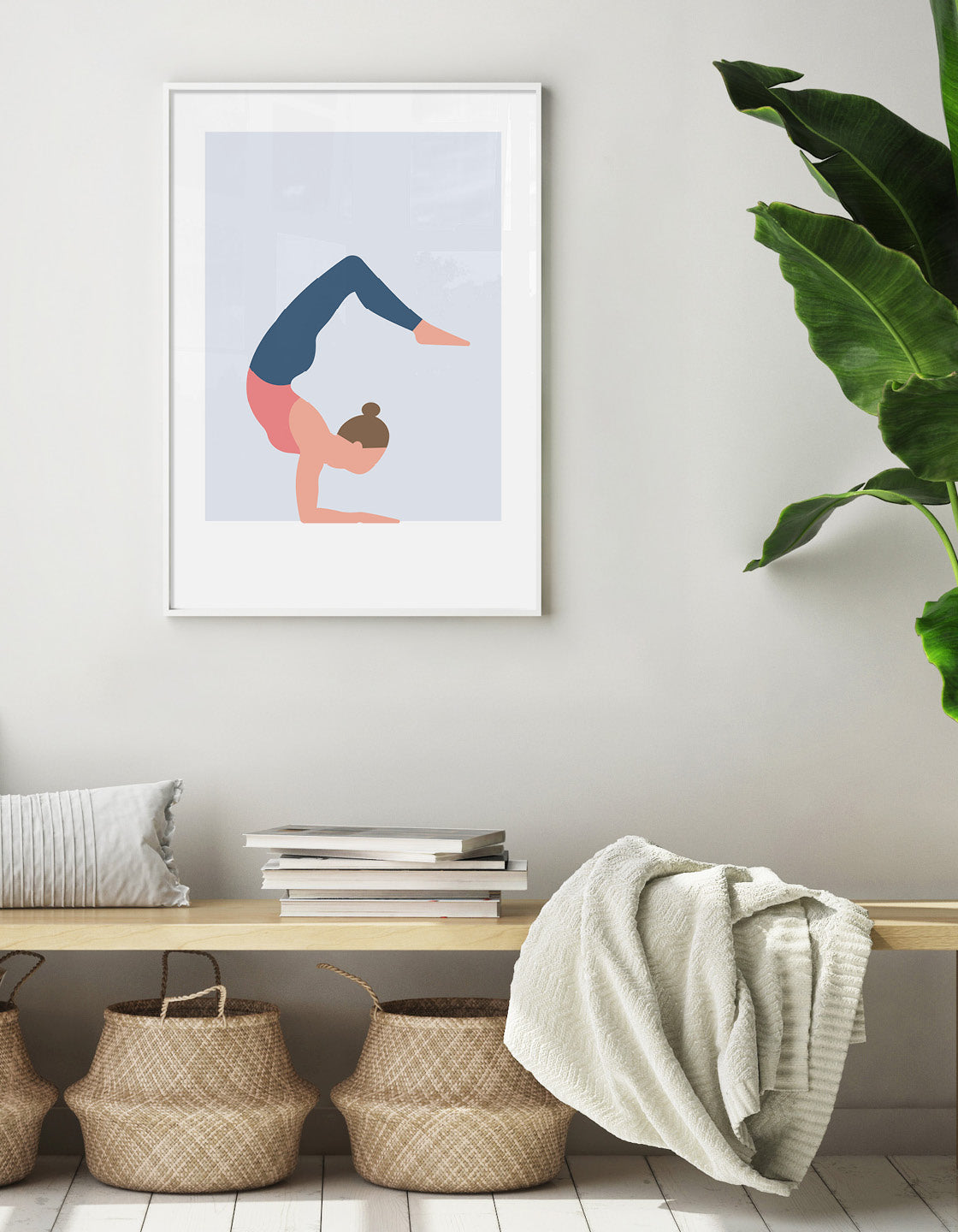 A minimalistic yoga print depicting the Scorpion pose in soft pastel colors, perfect for home decor.