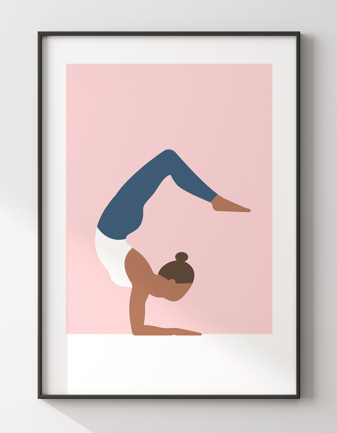 A minimalistic yoga print depicting the Scorpion pose in soft pastel colors, perfect for home decor.