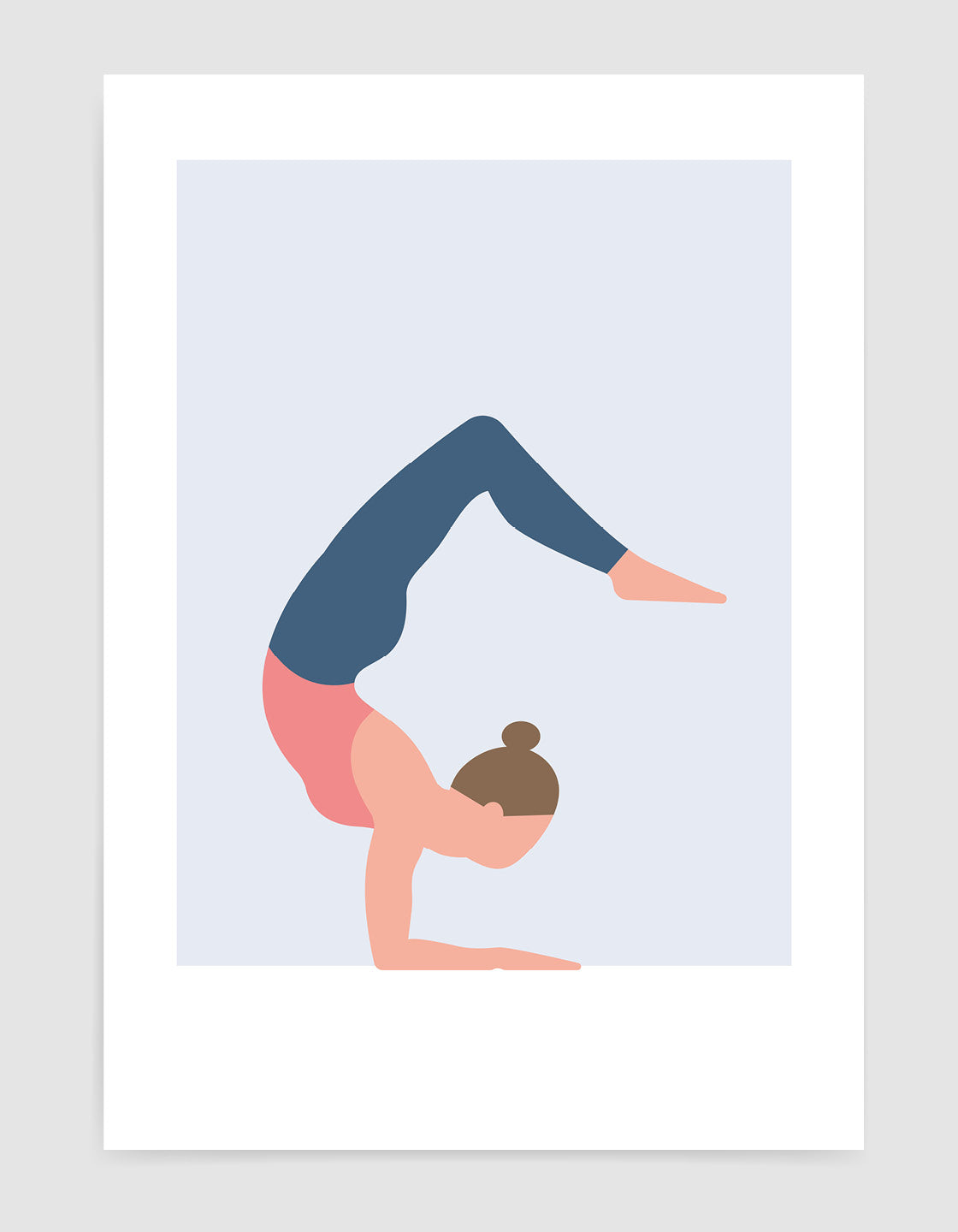 A minimalistic yoga print depicting the Scorpion pose in soft pastel colors, perfect for home decor.