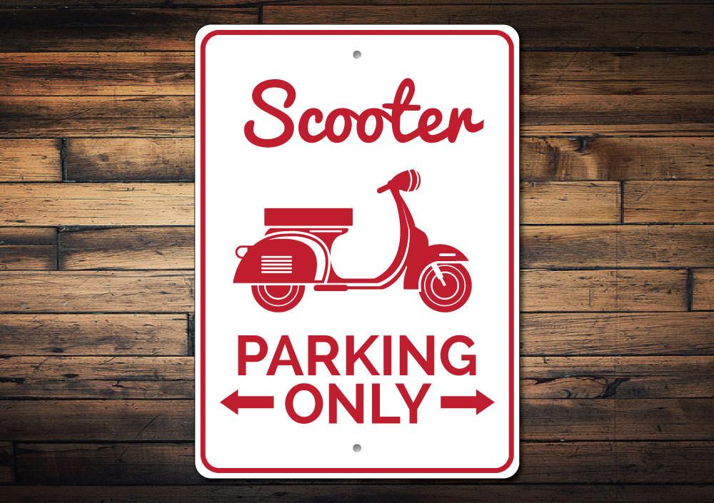 A vibrant Scooter Parking Sign made of high-quality aluminum, featuring customizable text and pre-drilled holes for easy mounting.