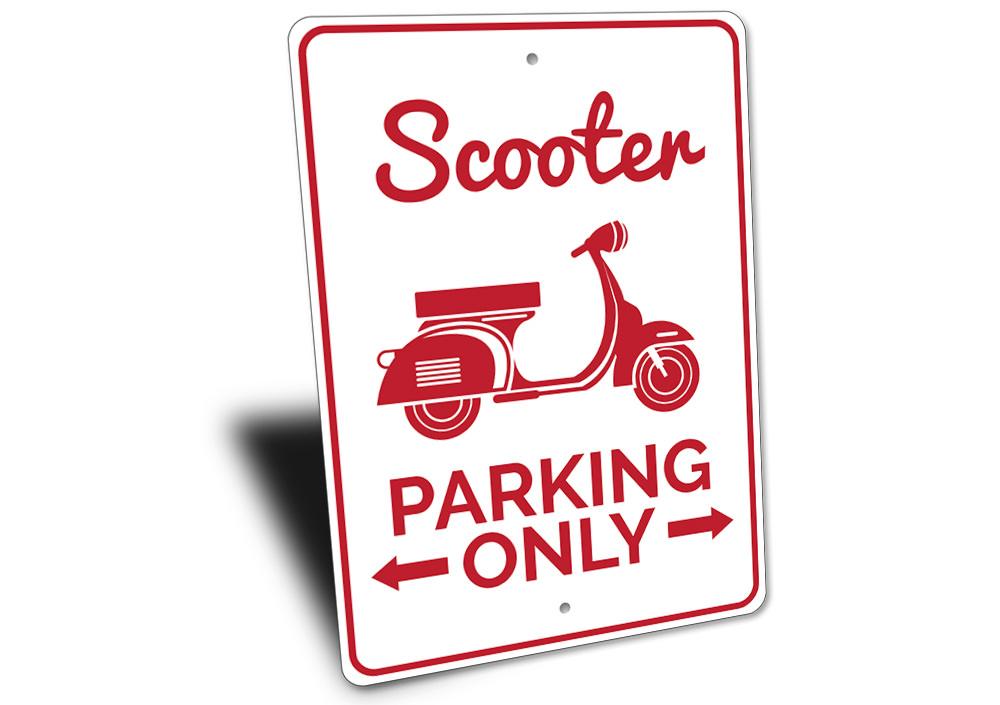 A vibrant Scooter Parking Sign made of high-quality aluminum, featuring customizable text and pre-drilled holes for easy mounting.