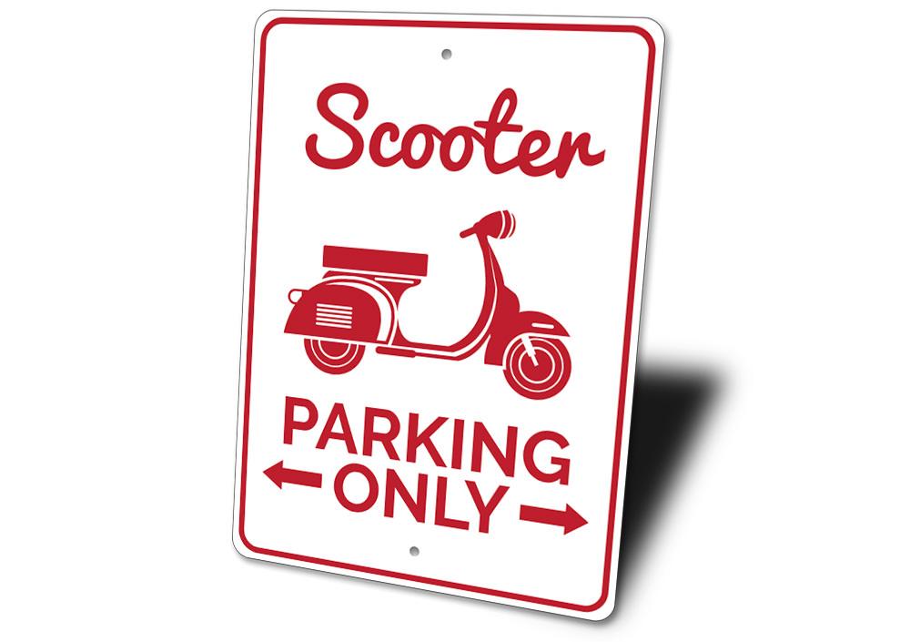 A vibrant Scooter Parking Sign made of high-quality aluminum, featuring customizable text and pre-drilled holes for easy mounting.