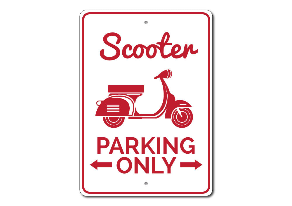 A vibrant Scooter Parking Sign made of high-quality aluminum, featuring customizable text and pre-drilled holes for easy mounting.