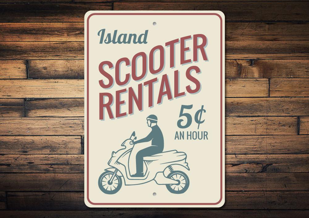 A vibrant Scooter Rentals Sign made of durable aluminum, featuring customizable text and pre-drilled holes for easy mounting.