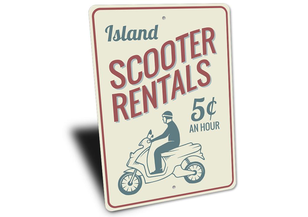 A vibrant Scooter Rentals Sign made of durable aluminum, featuring customizable text and pre-drilled holes for easy mounting.