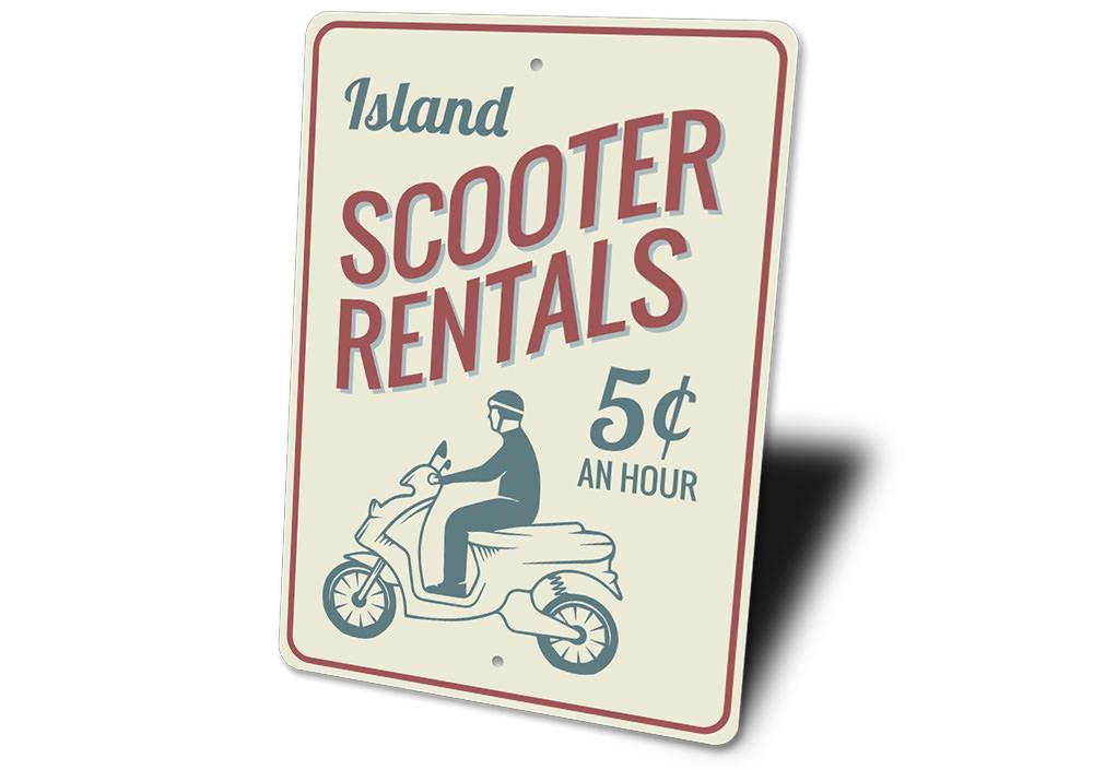 A vibrant Scooter Rentals Sign made of durable aluminum, featuring customizable text and pre-drilled holes for easy mounting.