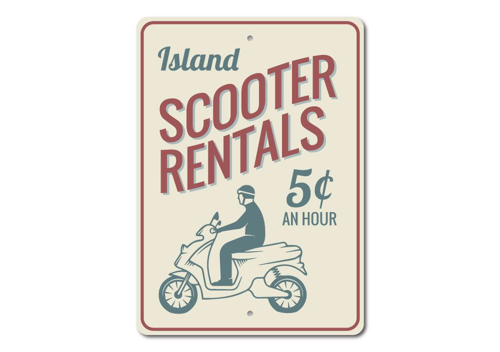 A vibrant Scooter Rentals Sign made of durable aluminum, featuring customizable text and pre-drilled holes for easy mounting.