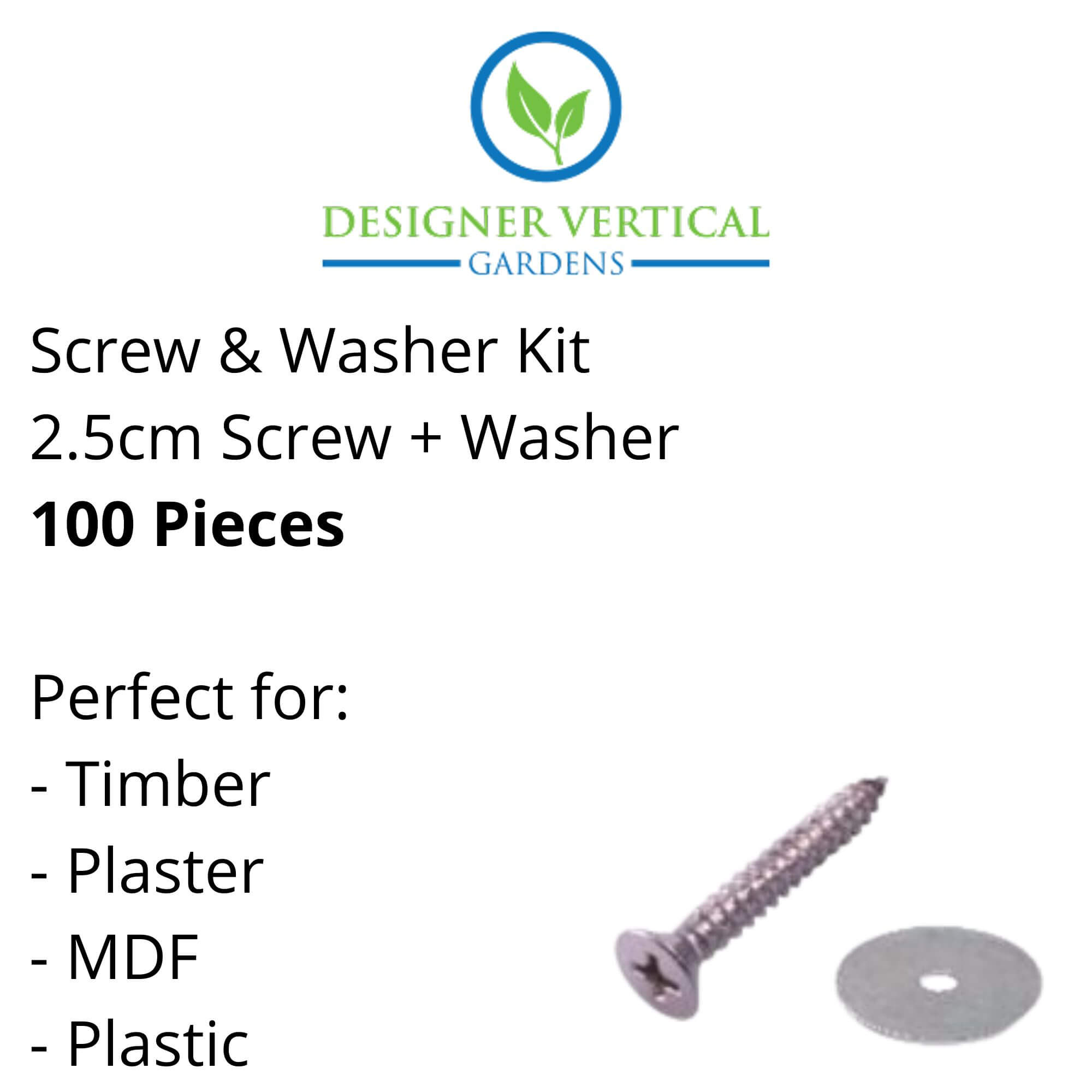 Screw and Washer Kit for green wall installation, featuring screws and washers suitable for timber and plaster materials.