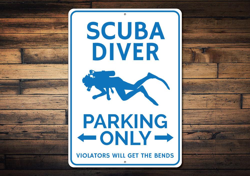 Scuba Diver Parking Sign made of durable aluminum with a unique design, featuring pre-drilled holes for easy mounting.