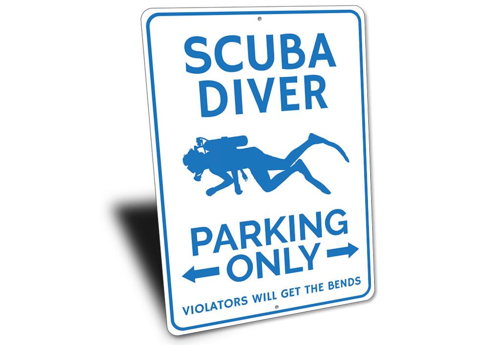 Scuba Diver Parking Sign made of durable aluminum with a unique design, featuring pre-drilled holes for easy mounting.