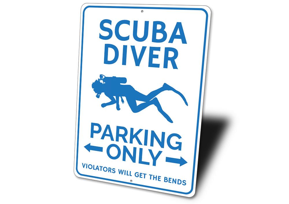 Scuba Diver Parking Sign made of durable aluminum with a unique design, featuring pre-drilled holes for easy mounting.