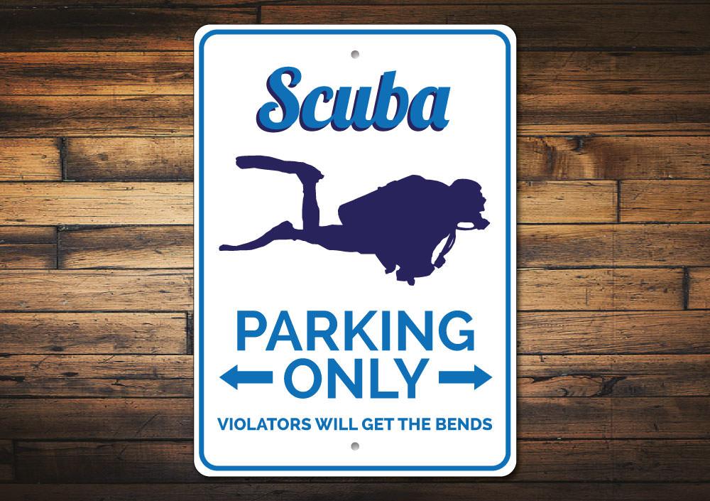 A vibrant Scuba Parking Sign made of high-quality aluminum, featuring a unique design for reserving parking spaces.