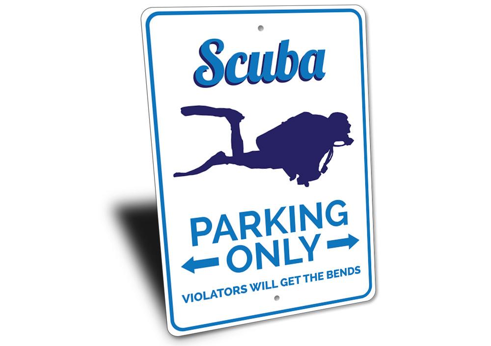 A vibrant Scuba Parking Sign made of high-quality aluminum, featuring a unique design for reserving parking spaces.