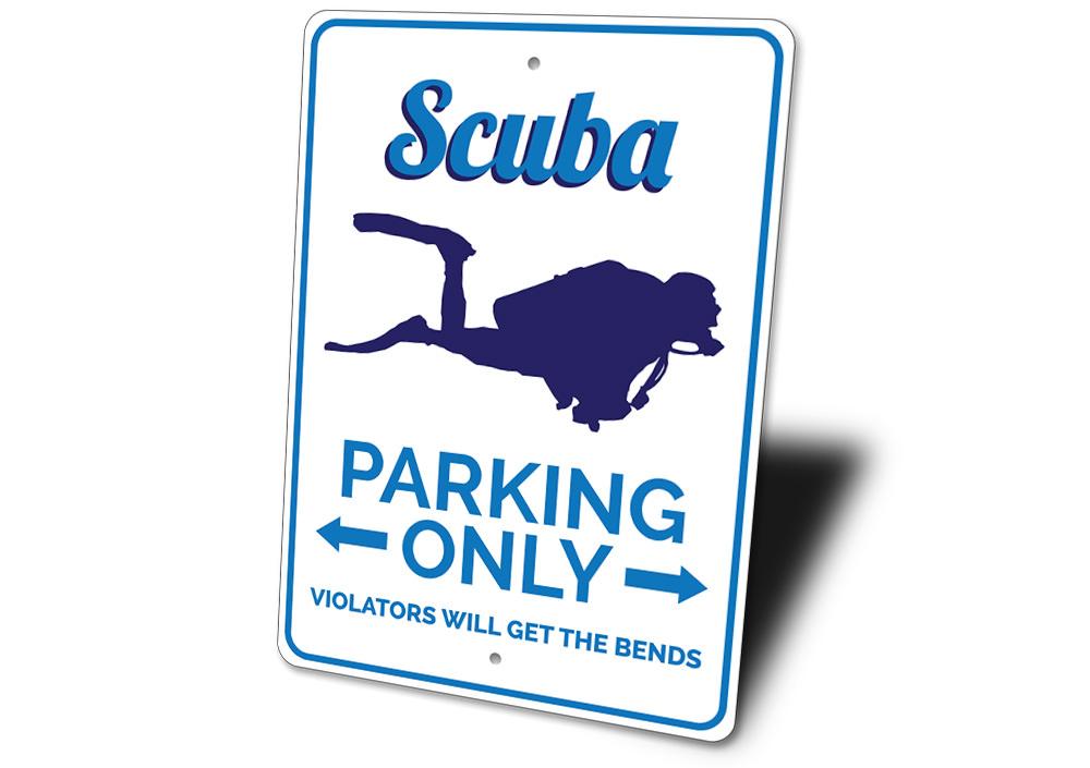 A vibrant Scuba Parking Sign made of high-quality aluminum, featuring a unique design for reserving parking spaces.