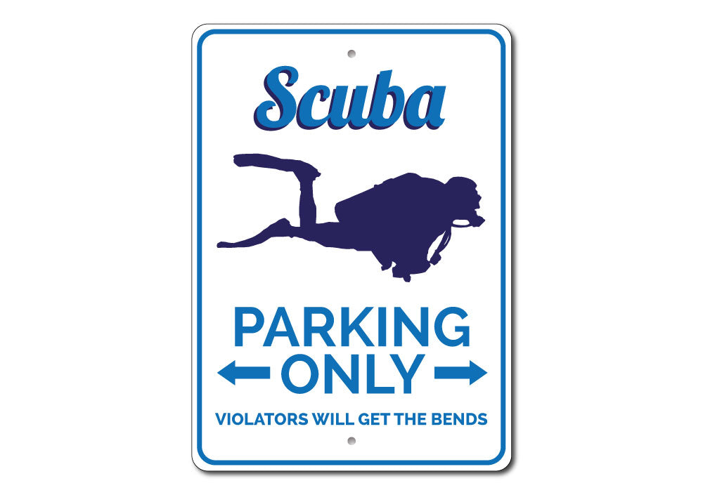 A vibrant Scuba Parking Sign made of high-quality aluminum, featuring a unique design for reserving parking spaces.