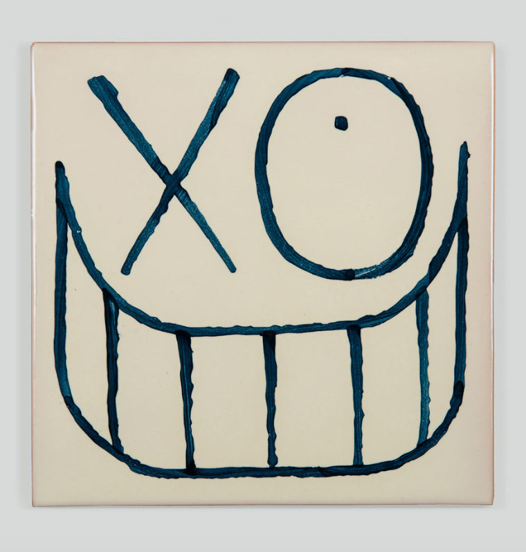 Sculpture Azul Mr A by Andre Saraiva, a hand-painted ceramic tile in vibrant blue, signed and numbered, showcasing unique artistic design.