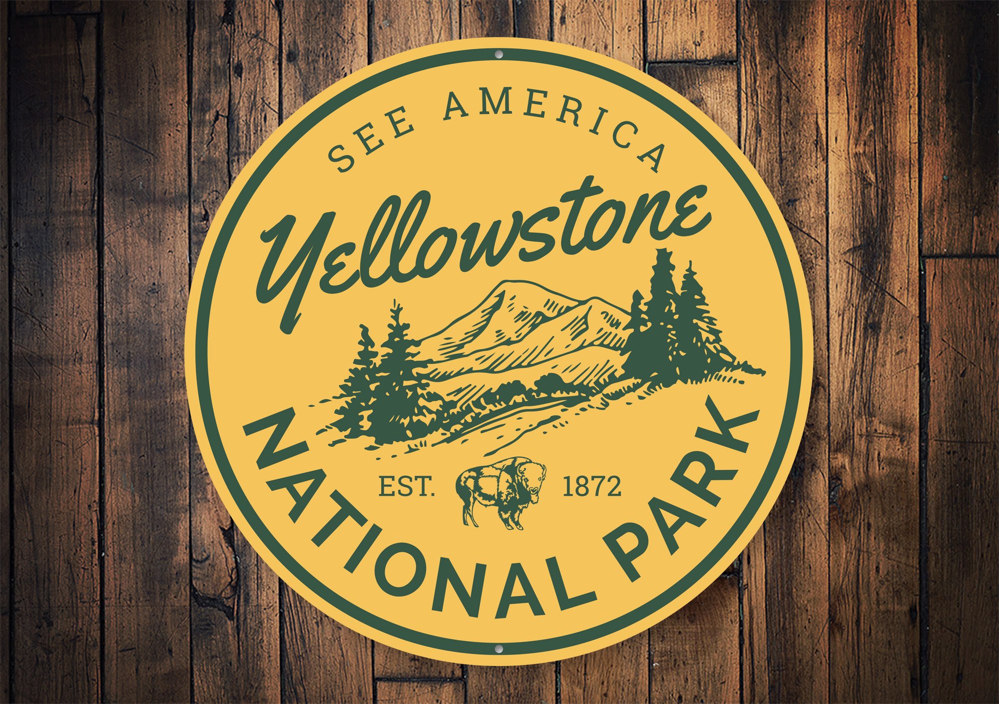 See America National Park Sign made of high-quality aluminum, featuring customizable text and pre-drilled holes for easy mounting.