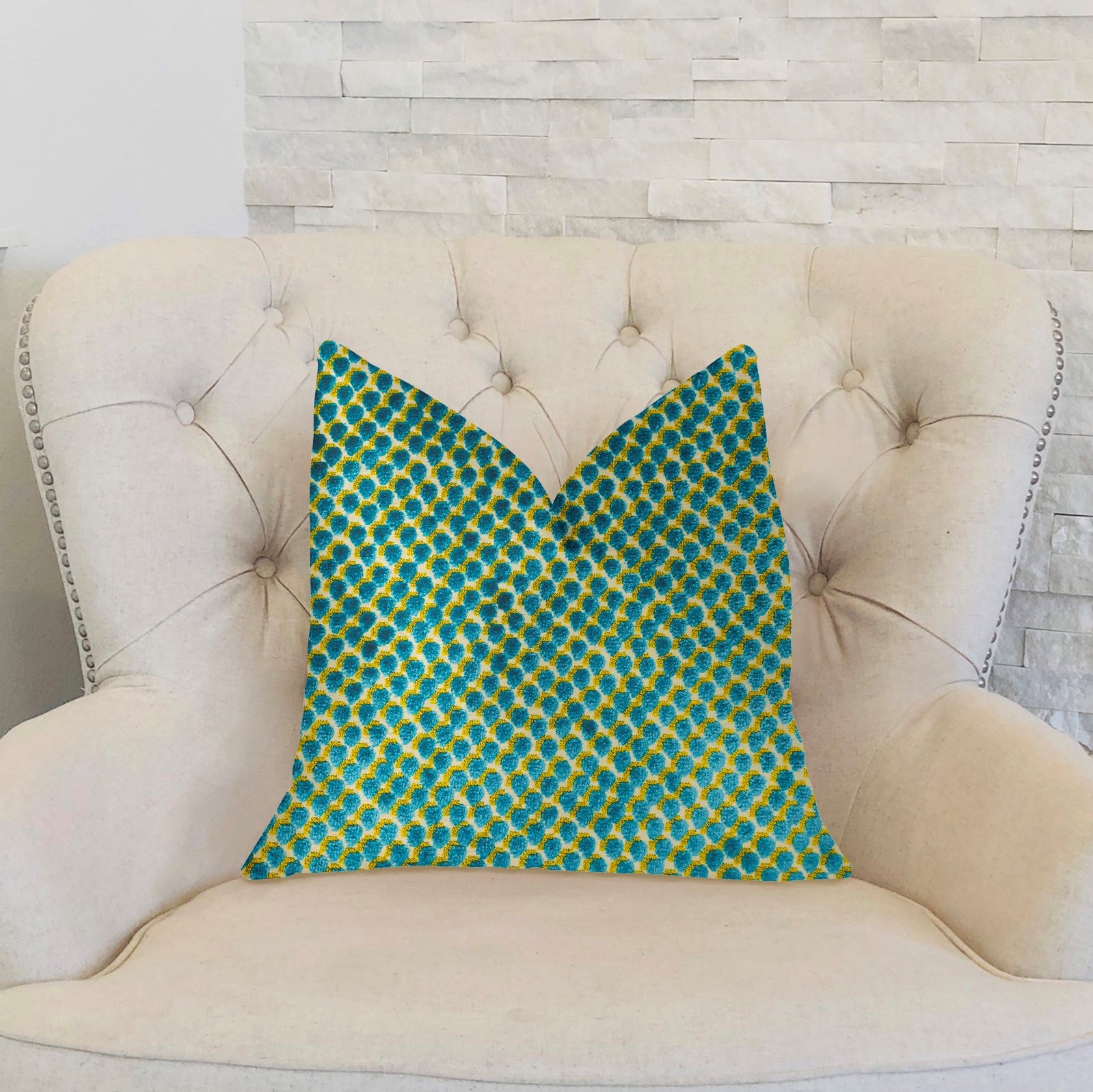 Sea Green Iota Turquoise Luxury Throw Pillow with double-sided design and invisible zipper, showcasing vibrant colors and textured pattern.