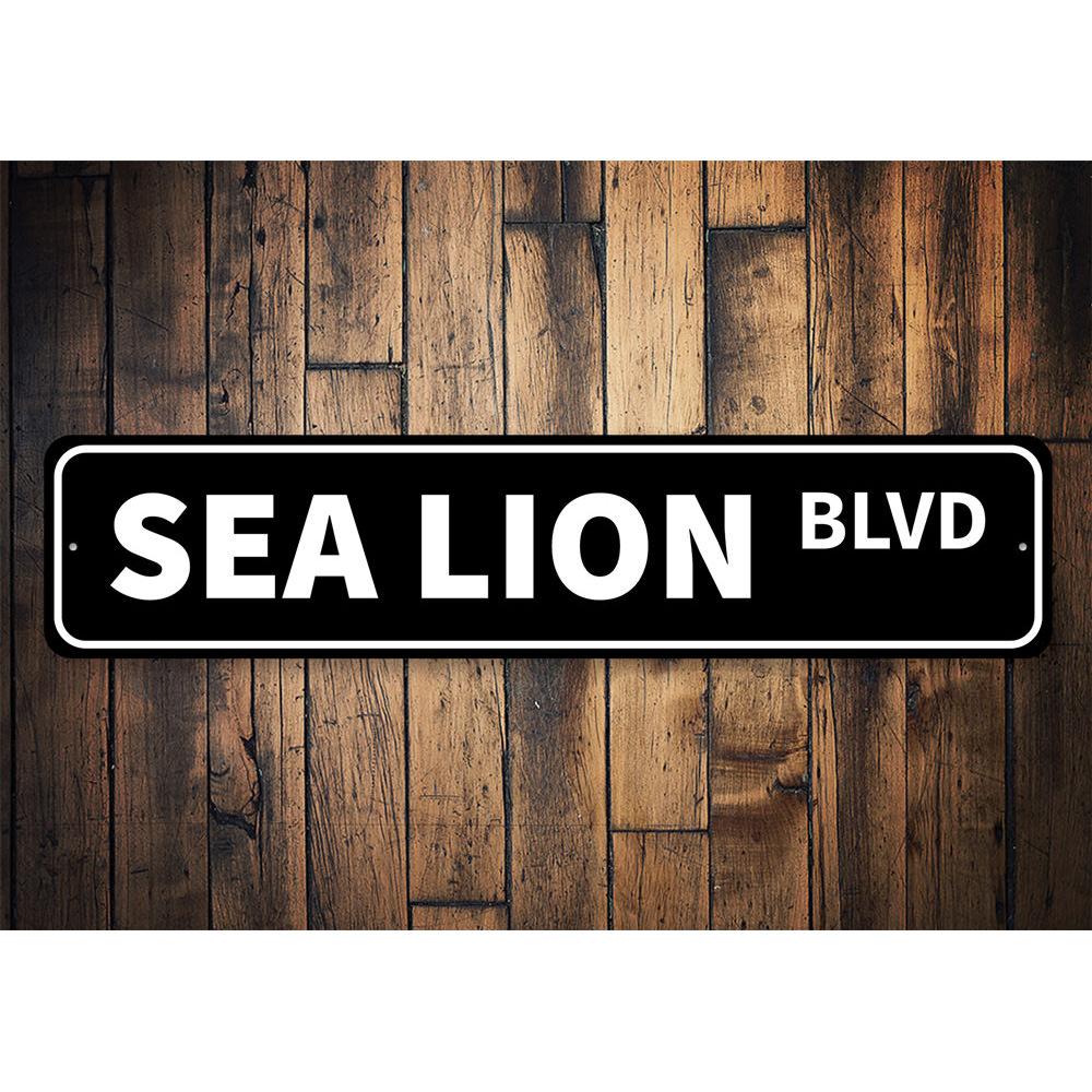 A decorative Sea Lion Blvd sign made of high-quality aluminum, featuring vibrant colors and a unique design, perfect for home decor.