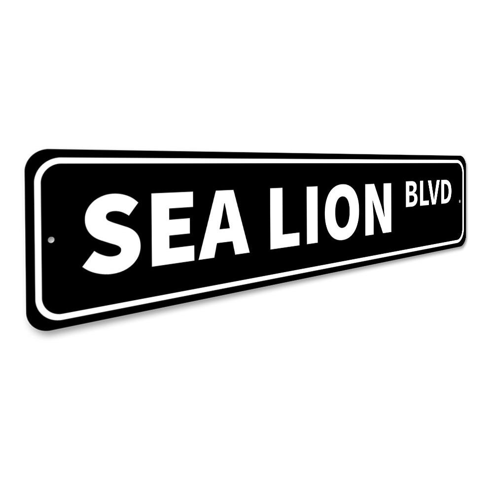 A decorative Sea Lion Blvd sign made of high-quality aluminum, featuring vibrant colors and a unique design, perfect for home decor.