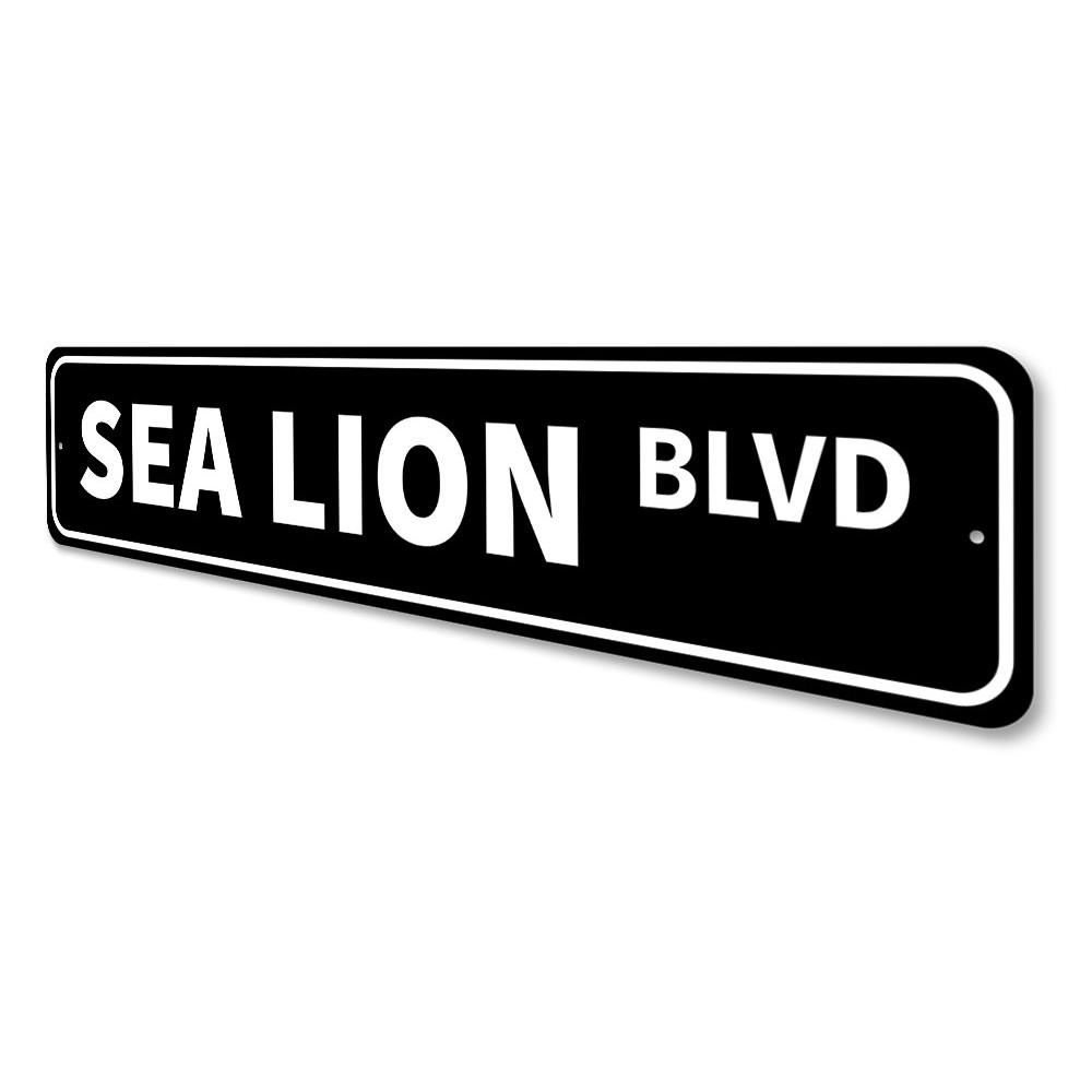 A decorative Sea Lion Blvd sign made of high-quality aluminum, featuring vibrant colors and a unique design, perfect for home decor.