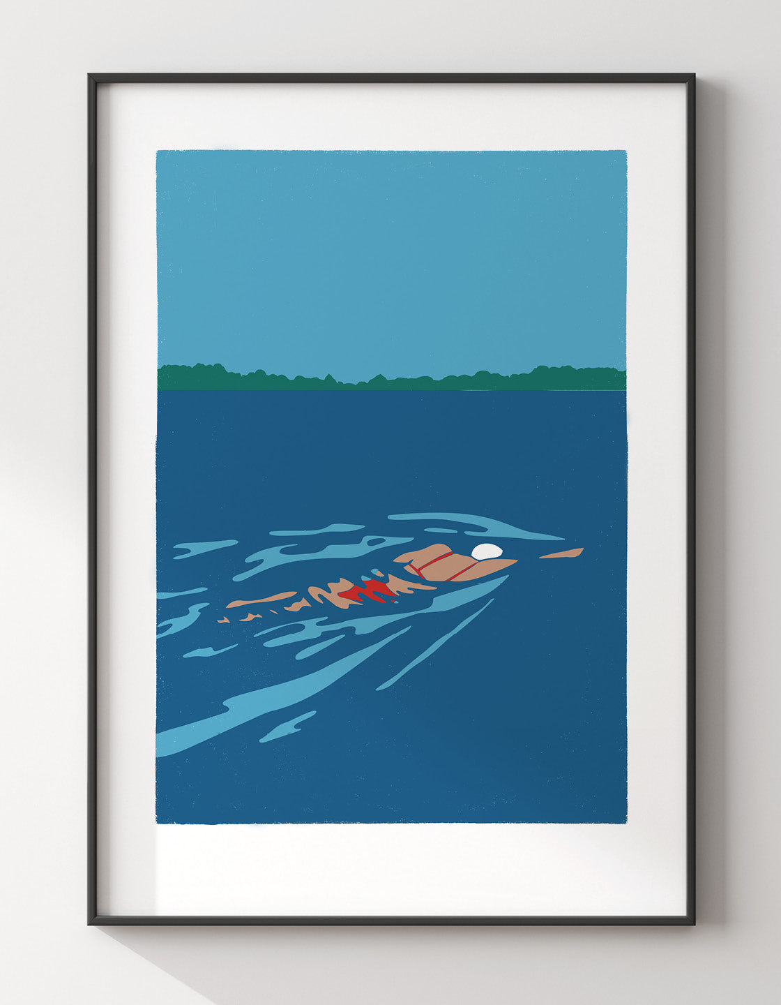 A vibrant sea swimming print featuring bold colors and minimalistic design, perfect for kitchen or bathroom decor.