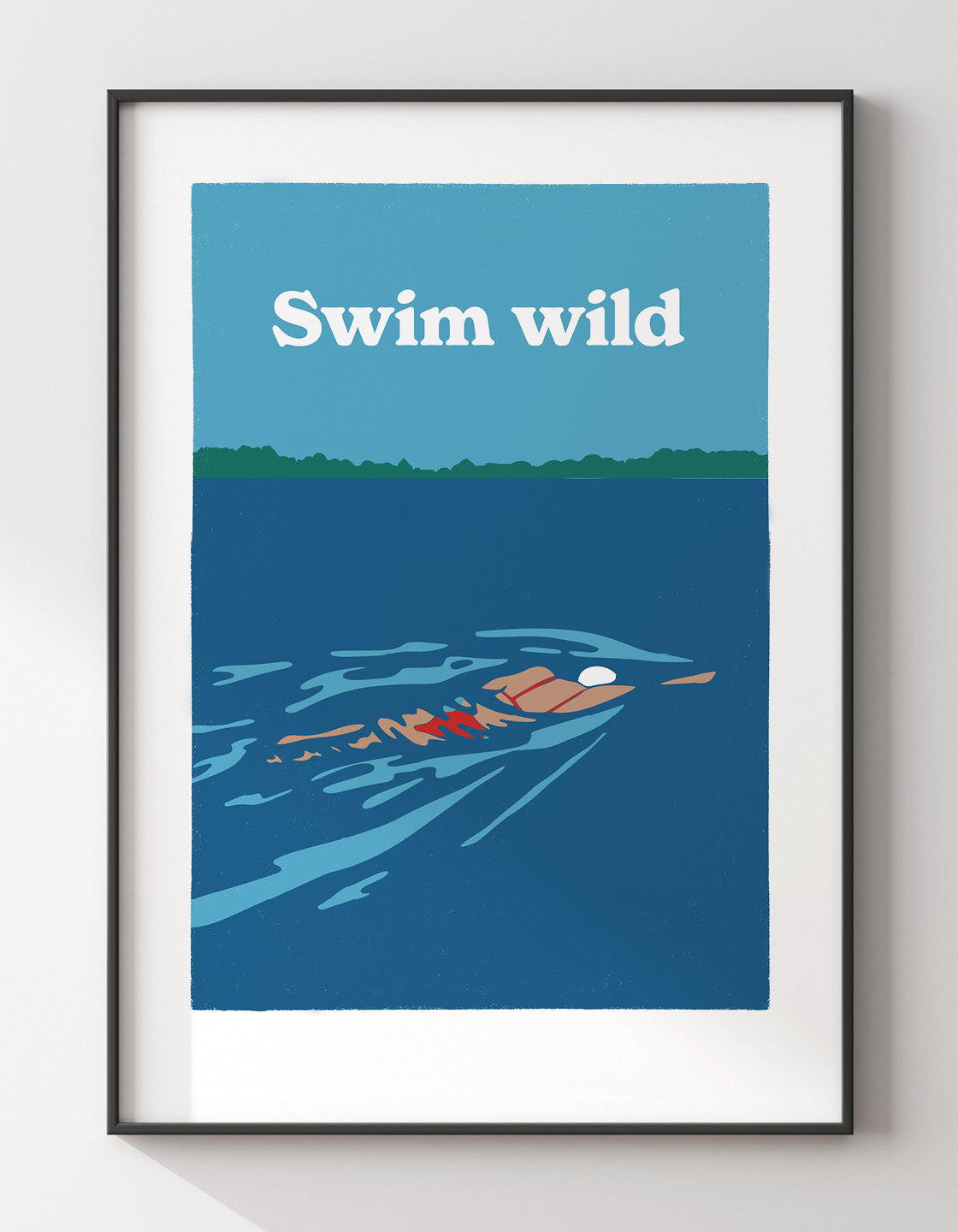 A vibrant sea swimming print featuring bold colors and minimalistic design, perfect for kitchen or bathroom decor.