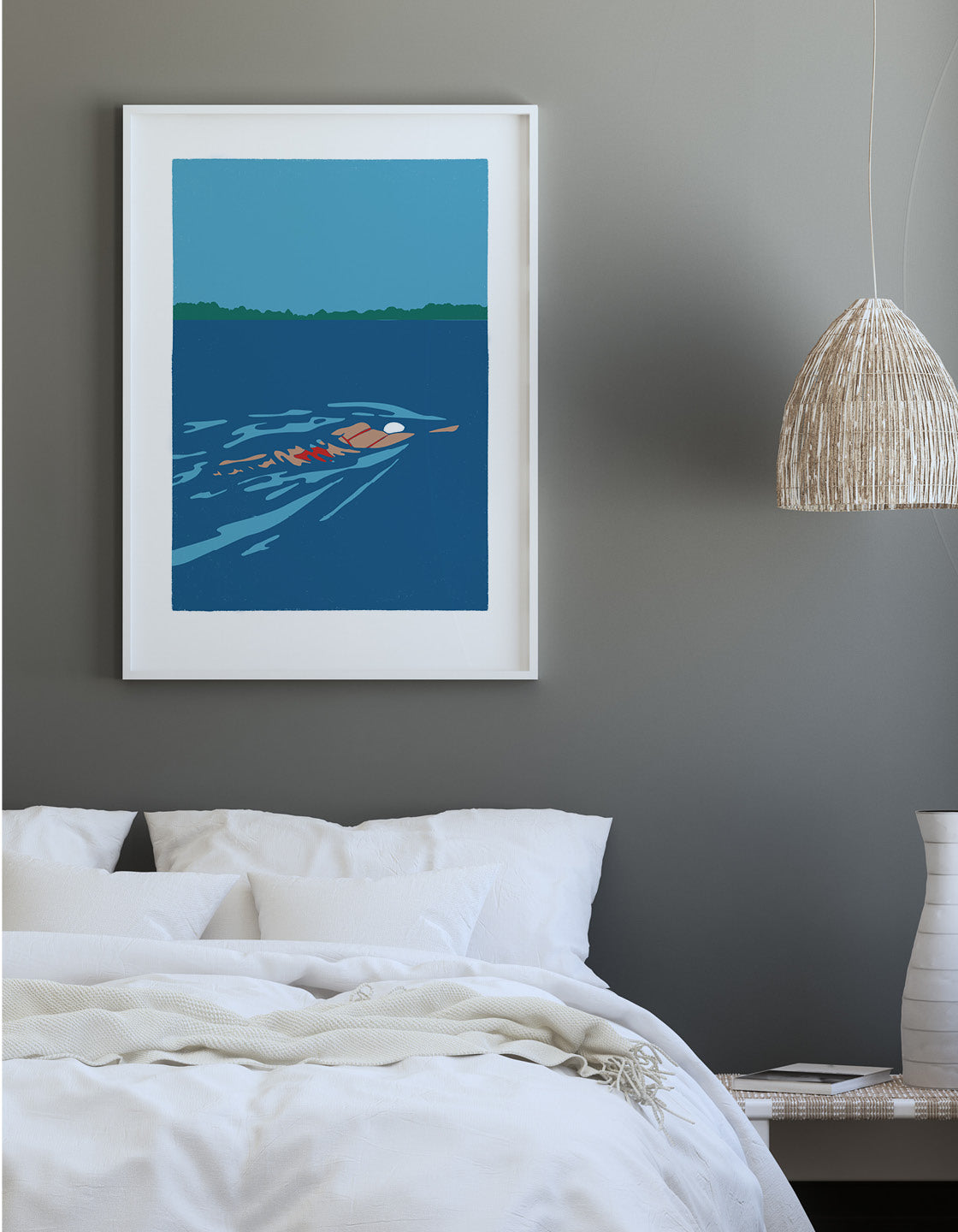 A vibrant sea swimming print featuring bold colors and minimalistic design, perfect for kitchen or bathroom decor.