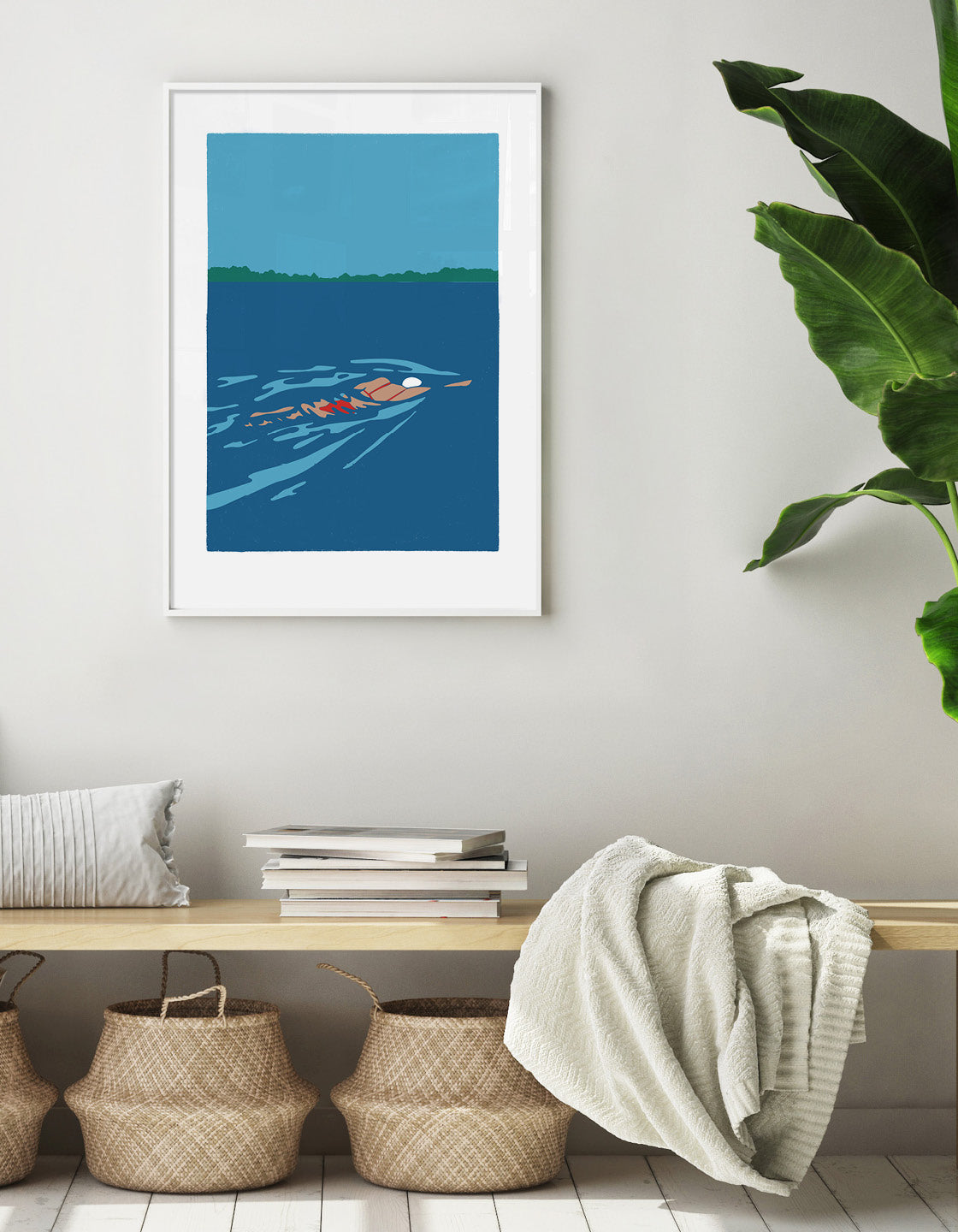 A vibrant sea swimming print featuring bold colors and minimalistic design, perfect for kitchen or bathroom decor.