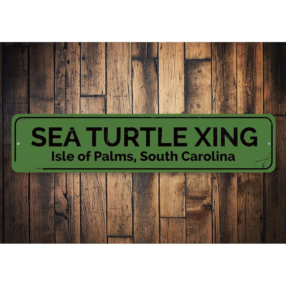 A vibrant Sea Turtle Crossing Sign made of durable aluminum, featuring a colorful design perfect for beach-themed decor.