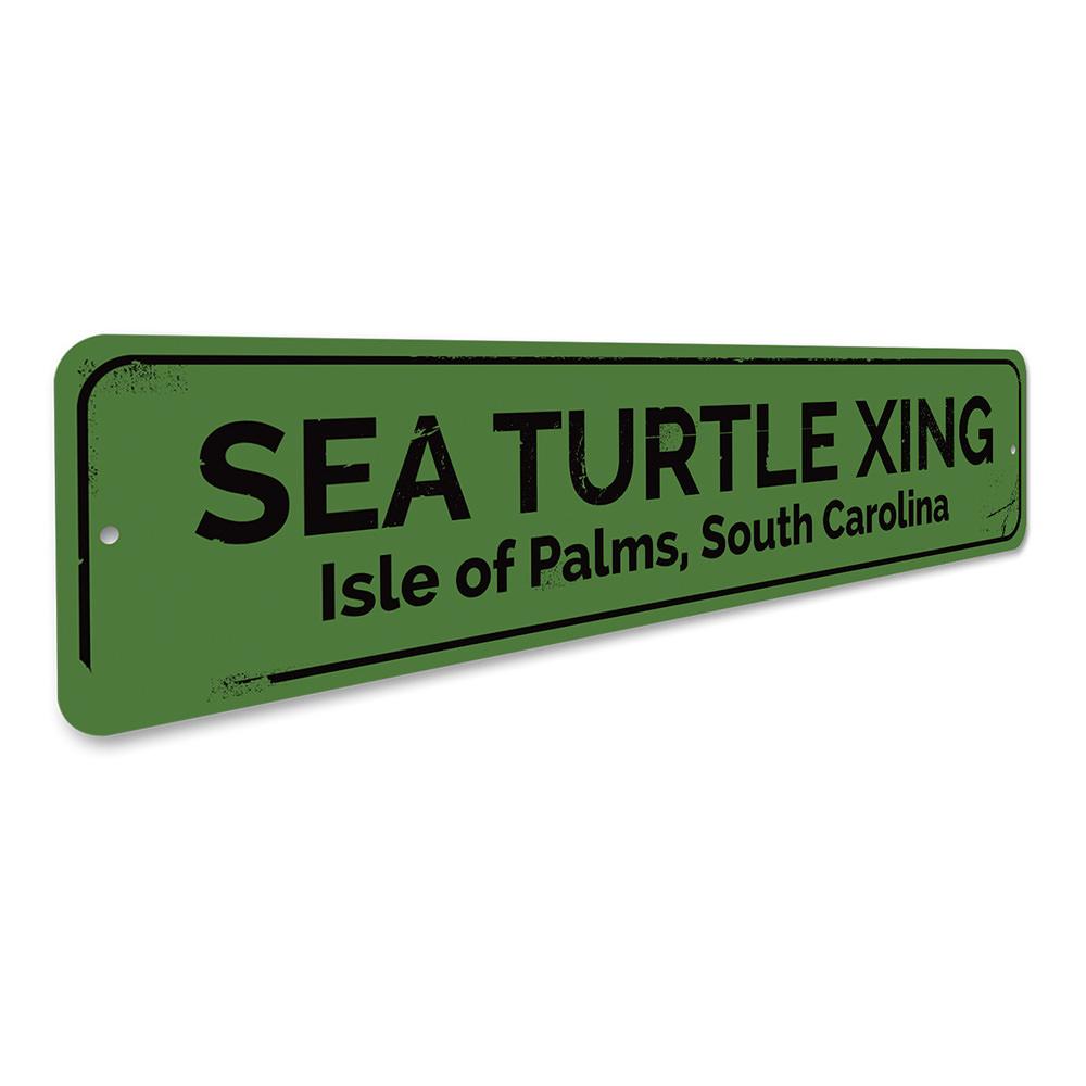 A vibrant Sea Turtle Crossing Sign made of durable aluminum, featuring a colorful design perfect for beach-themed decor.