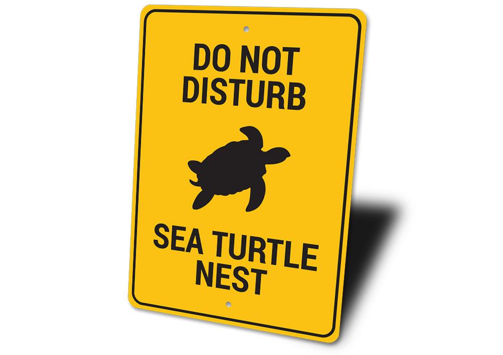 A beautifully crafted Sea Turtle Nest Sign made of high-quality aluminum, featuring a vibrant design perfect for beach-themed decor.