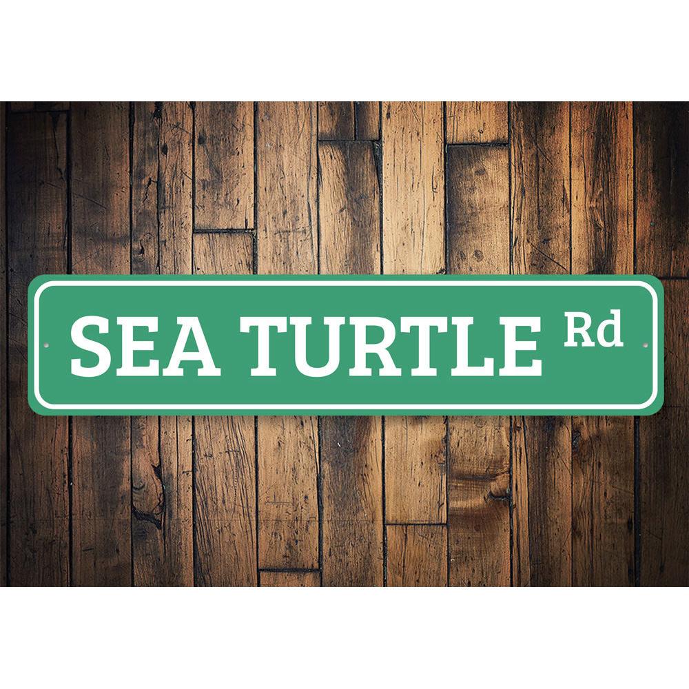 A vibrant Sea Turtle Road Sign made of aluminum, featuring a colorful sea turtle design, perfect for home decoration.