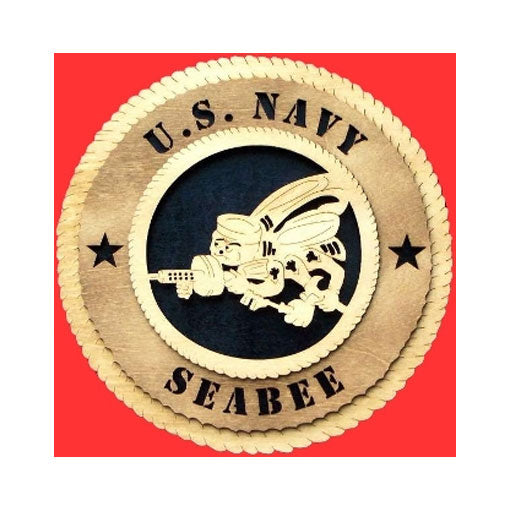 12-inch handcrafted wooden SeaBee Wall Tribute emblem made by American Veterans, showcasing intricate details and craftsmanship.