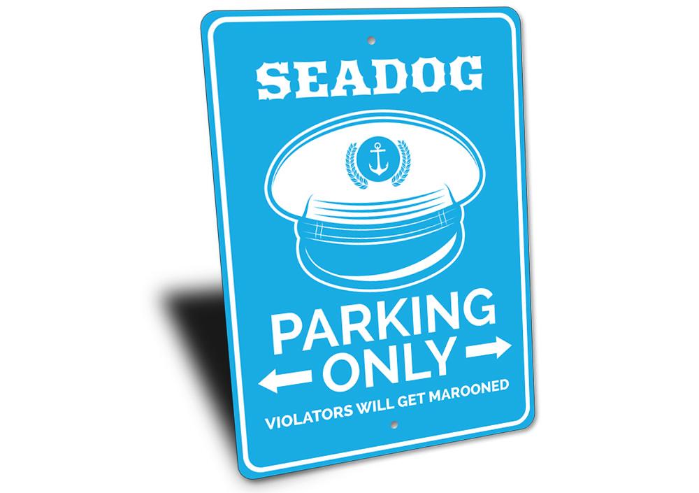 Seadog Parking Sign made of high-quality aluminum, featuring customizable text and pre-drilled holes for easy mounting.