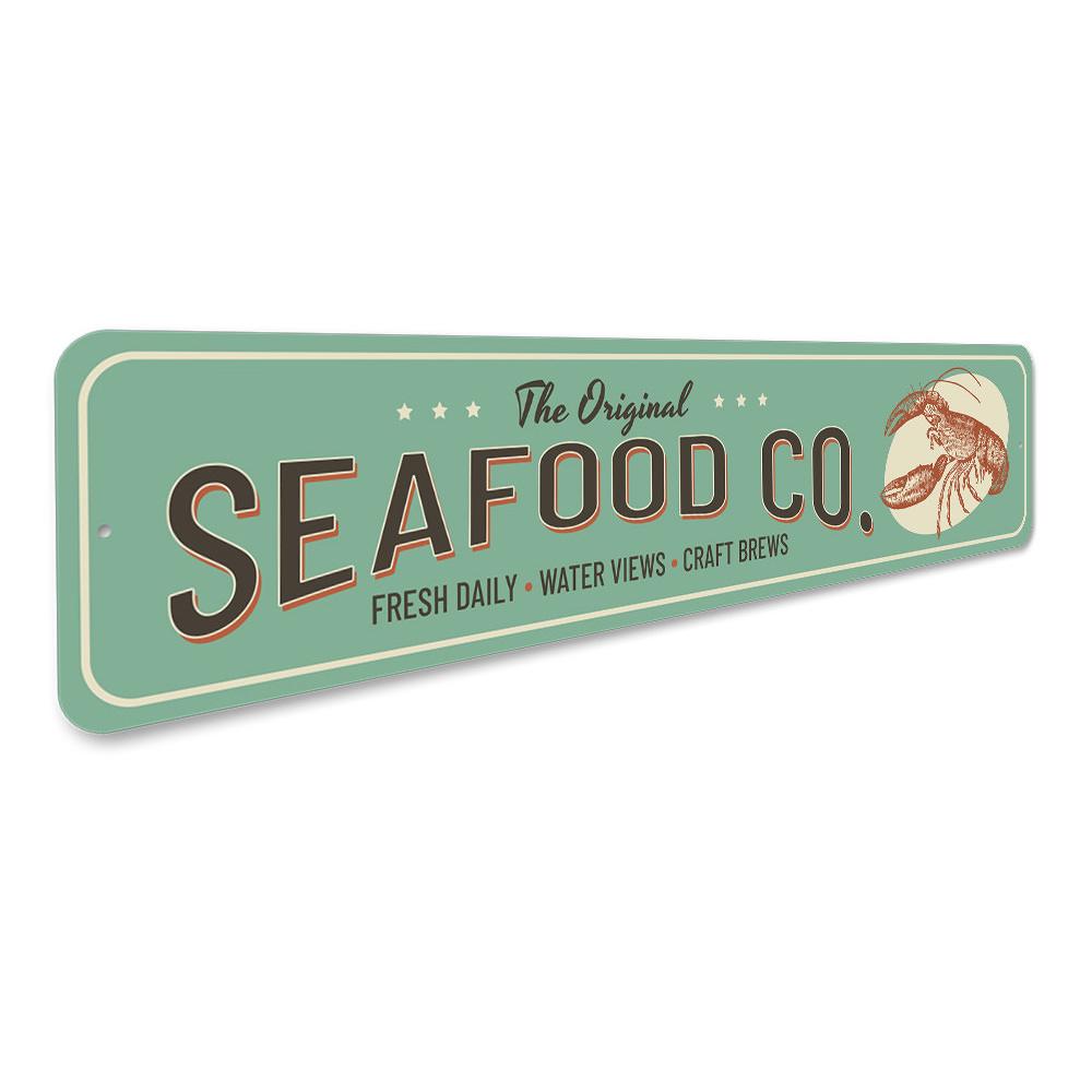 A decorative Seafood Company Sign made of high-quality aluminum, featuring a beach-themed design suitable for coastal homes and restaurants.