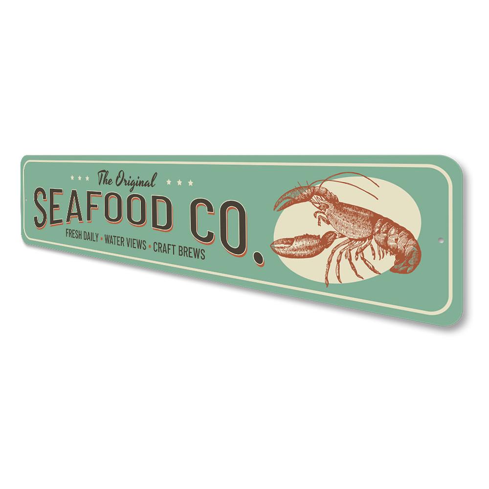 A decorative Seafood Company Sign made of high-quality aluminum, featuring a beach-themed design suitable for coastal homes and restaurants.