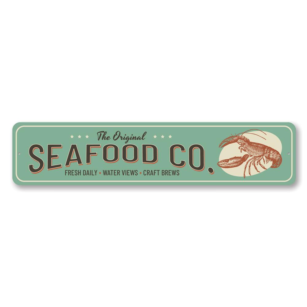 A decorative Seafood Company Sign made of high-quality aluminum, featuring a beach-themed design suitable for coastal homes and restaurants.