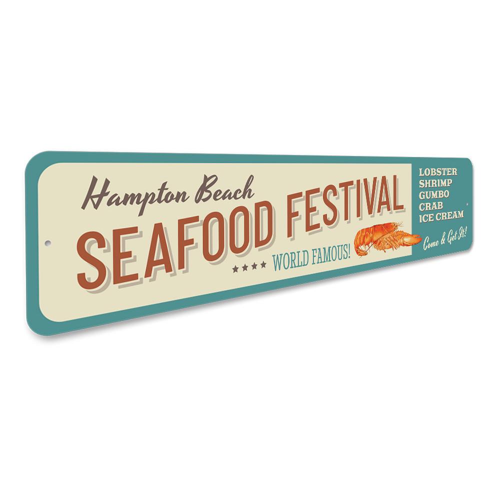 A vibrant Seafood Festival Sign made of durable aluminum, featuring coastal-themed graphics, perfect for beach houses and seafood restaurants.