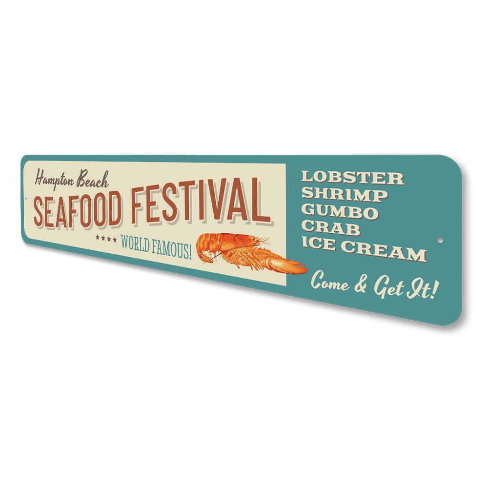 A vibrant Seafood Festival Sign made of durable aluminum, featuring coastal-themed graphics, perfect for beach houses and seafood restaurants.