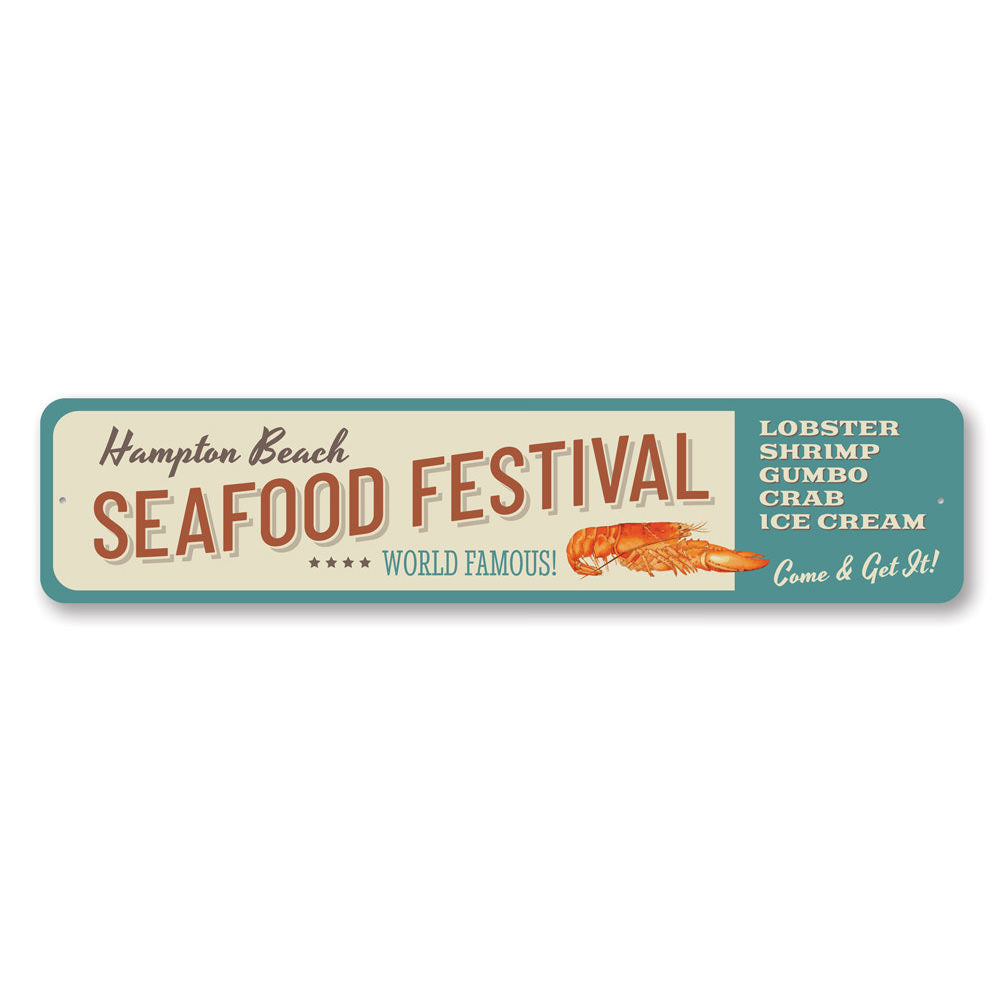 A vibrant Seafood Festival Sign made of durable aluminum, featuring coastal-themed graphics, perfect for beach houses and seafood restaurants.