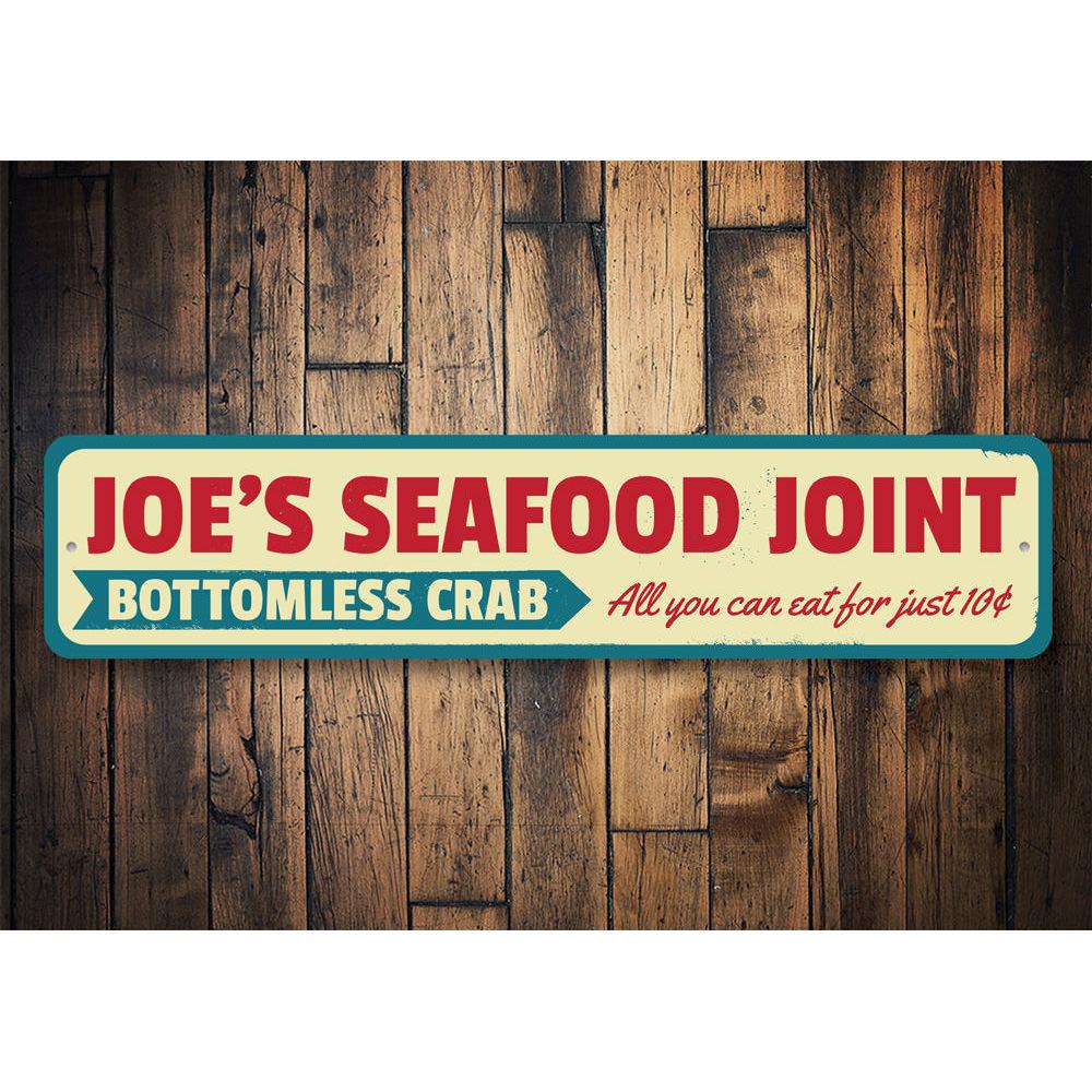 A vibrant Seafood Joint Sign made of high-quality aluminum, featuring beach-themed graphics and customizable text options.